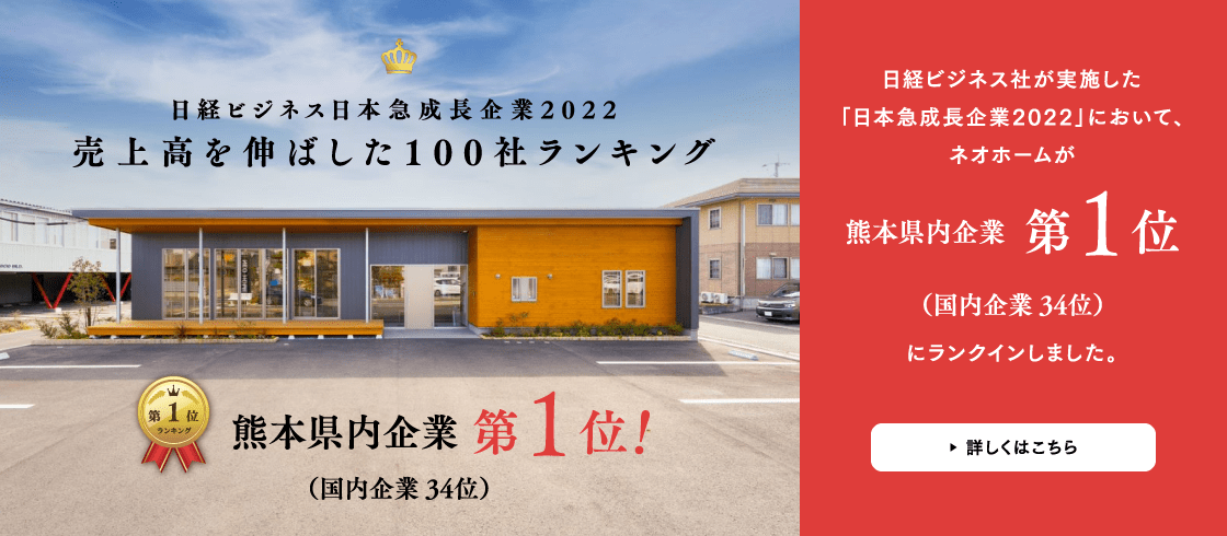 日経ビジネス社が実施した「日本急成長企業2022」においてネオホームが熊本県内企業第1位（国内企業34位）にランクインしました